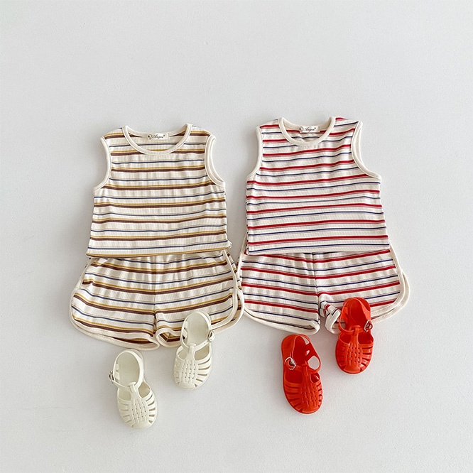 2026夏服※セットアップ レインボーストライプ タンクトップ＋薄手Tシャツ＋ショートパンツセット