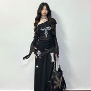 暗黒系 サブカル オフショルダー 紫外線対策 夏物 レトロ 十字架 長袖 カットソー ギャル系 トップス