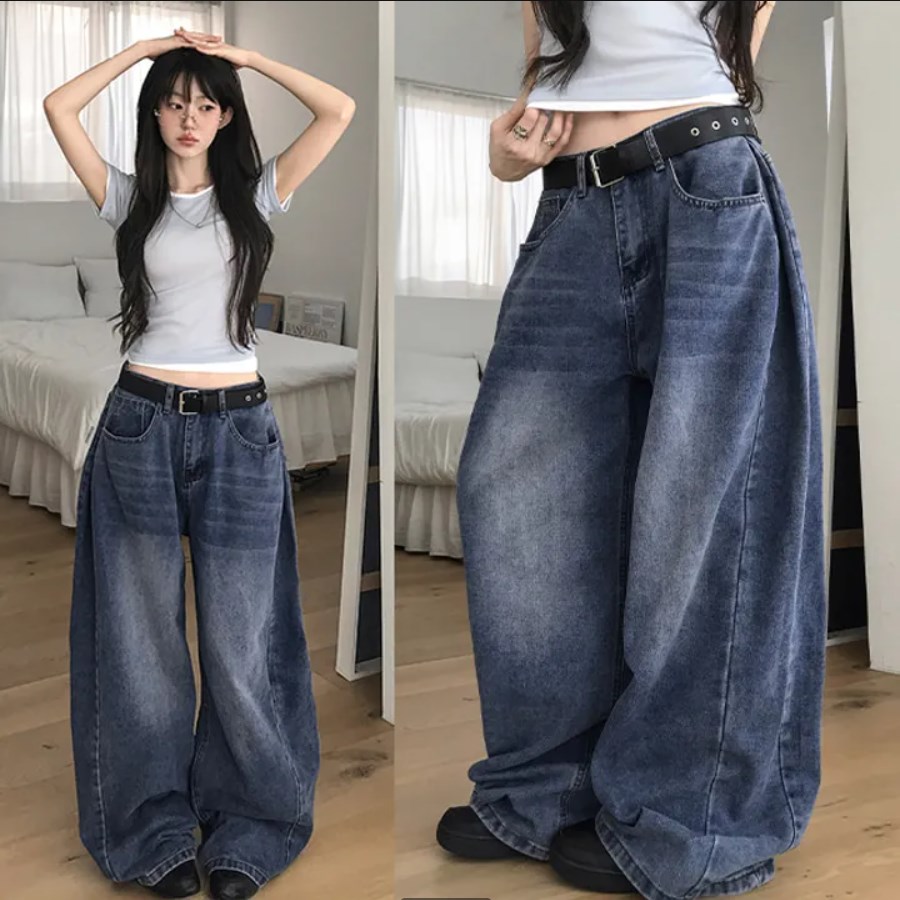 今季マストバイ 切替ウォッシュ サイドギャザー バルーンデニムパンツ