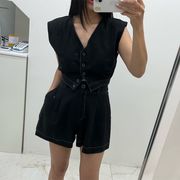 配色ステッチ Vネックトップス＆ショートパンツ セットアップ