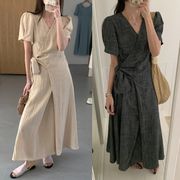 全2色 ワンピース ボリューム袖 フリル Vネック スリム 着痩せ シンプル