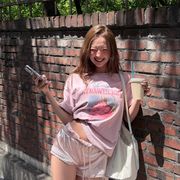 韓国風 ドライストロベリー ロゴプリント半袖Tシャツ