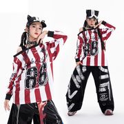 女の子 ジャズダンス ストライプ 長袖 カットソー 長ズボン セットアップ キッズ ヒップホップ 衣装