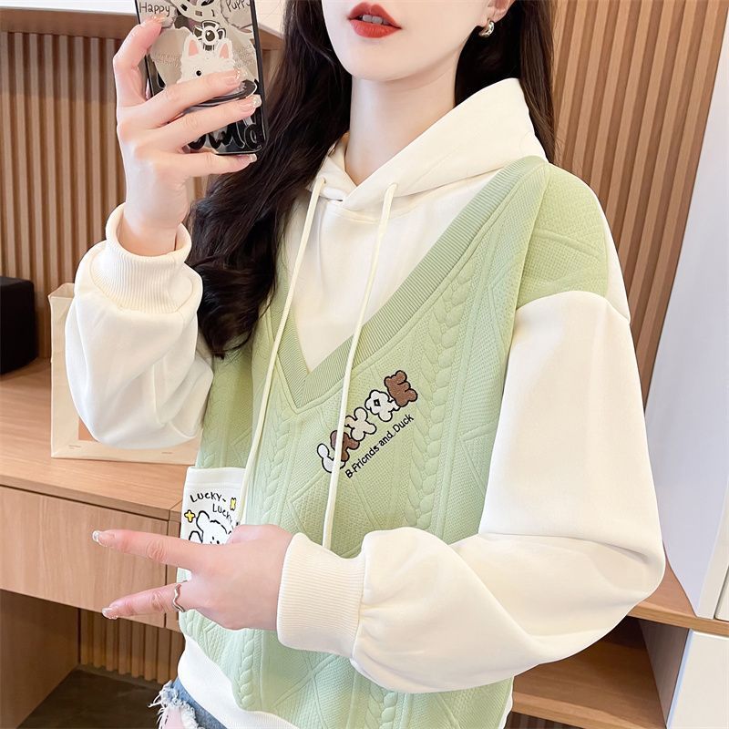 2026新品　二枚重ね風　パーカー　秋　レディース　ゆったり　おしゃれ　グリーンピンク　