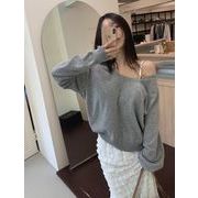 Vネック ゆったり長袖ニットトップス