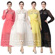レディース ロングシャツワンピース 透かしレース ビジュー装飾 長袖 ウエストリボン フレア