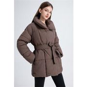 ベルト付きハイネック中綿コート レディース ミドル丈 3色 M～XXL 冬アウター