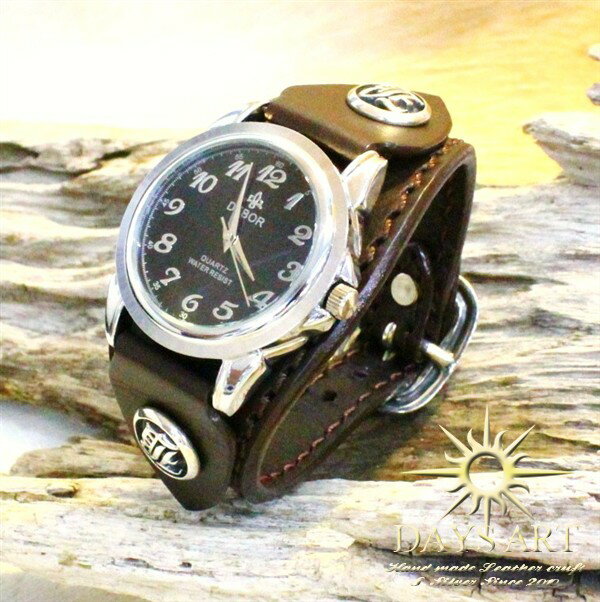 硬質牛革ベルト シルバーコンチョ レザーブレスレットウォッチ シルバー925留め具 ダークブラウン 腕時計