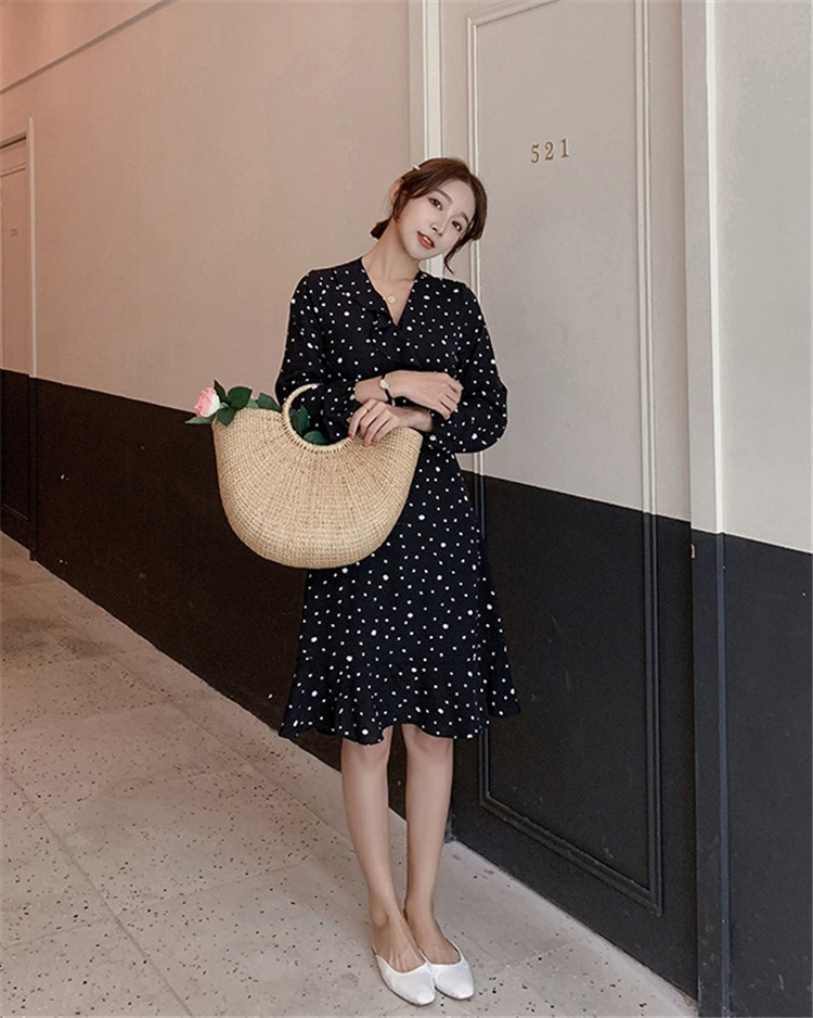 19春の新製品発売 韓国ファッション Chic気質 長袖 ボトミング 黒 シフォン ウェーブドレス 女性 Www Watsons Biz Id