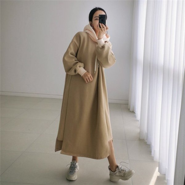 パーカーワンピース ロングワンピース ロング丈 レディース秋冬長袖カットソーワンピ フード付きイエロー アパレル 株式会社 福音社 問屋 仕入れ 卸 卸売の専門 仕入れならnetsea