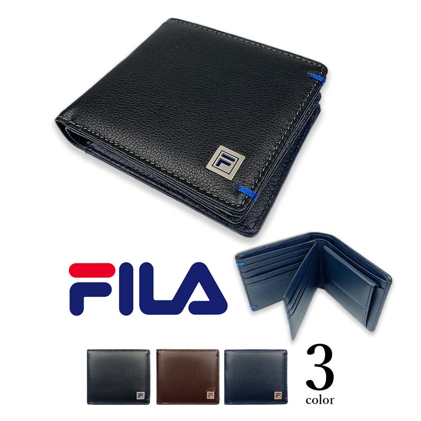 全3色 FILA（フィラ）リアルレザー バイカラー 中ベラ付き 二つ折り財布 ショートウォレット 牛革