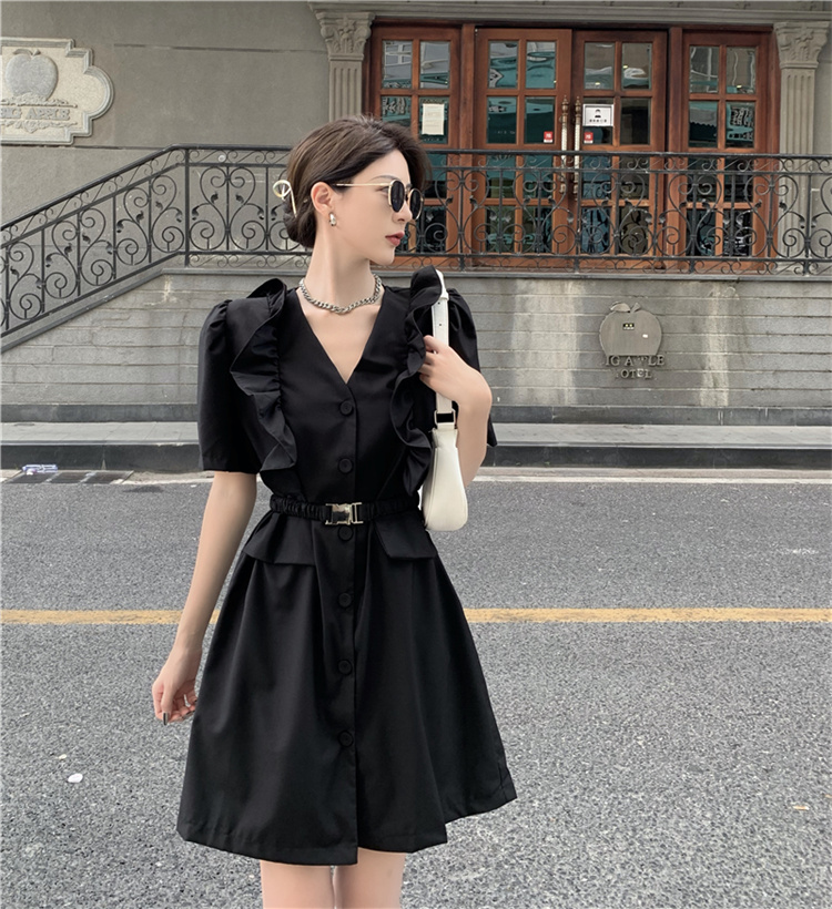 韓国ファッション レディース Vネック 腰を括る 気質 スーツ フリル 単体ボタン 半袖 スリム ワンピース