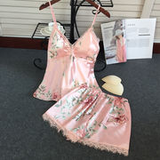 パジャマ女性夏胸パッド付きストラップパンツ2点セット薄い氷シルクプリント住宅服セット