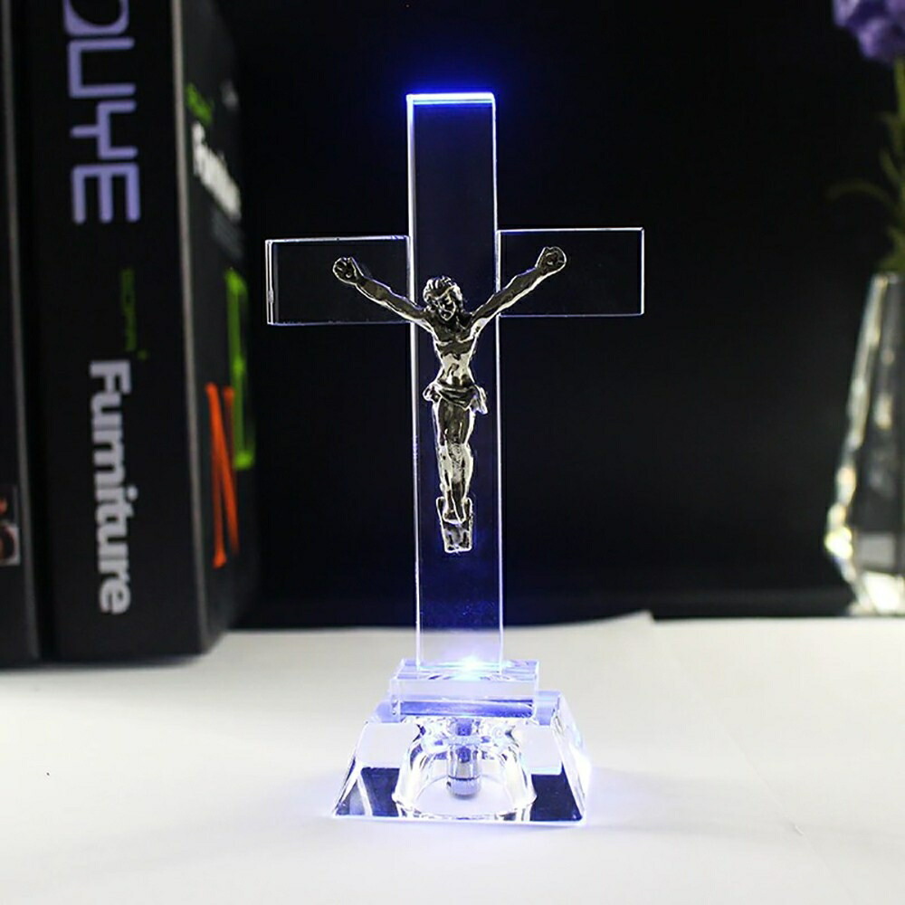 置物 ガラス キリスト像 LED クリスタル オブジェ ビンテージ クAiO