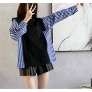大人旬Style 韓国ファッション 減齢 デザインセンス 縫付 フェイク2ピース ストライプ シャツ