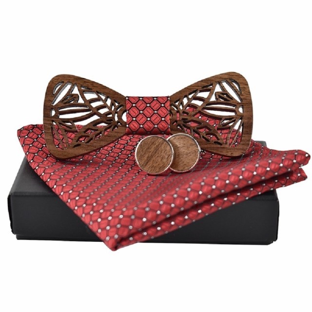 木製 蝶ネクタイ、カフス、チーフ３点セット 簡易装着 ボウタイ
