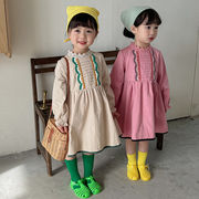 「90‐130号」全2色 女の子 長袖ワンピース レースネック ドレス コットン素材 キッズ 子供服