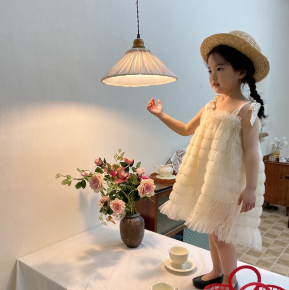 2022春夏新作  韓国子供服 ワンピース 無袖 リボン付き ガーゼ  プリンセススカート ファッション