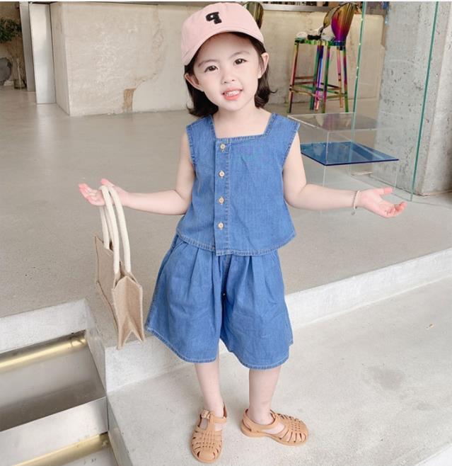 【2022年夏新作】韓国子供服　デニムセットアップ　シャツ＋ショットパンツ　ファション　90#-130#
