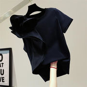細見えする 女の子ファッション フリル ソリッドカラー カジュアル 半袖 Tシャツ スリム イレギュラー