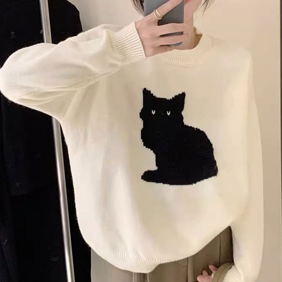 ニットトップス　セーター　レディース　ファッション　韓国風　秋冬　デザイン　猫柄