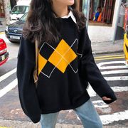 セーター　ゆるやか　ニット　レディース　韓国ファッション　チェック柄