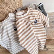 INS 韓国夏新作 刺繍 小さなクマ ボーダー柄 半袖 クルーネック 幼児 Tシャツ ジャケット 子供服