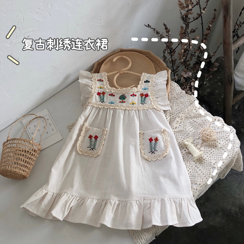 ガールズドレス2022韓国の子供服夏の新しいレトロ刺繍ベストスカート