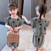 【2022年夏新作】韓国子供服　ブラウス+ズボン　セットアップ　チェック柄　90#-130#