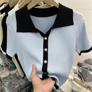 韓国大人気 コントラストカラー/ラペル/スウィート/編み物/スリムフィット/半袖/Tシャツ/トップス