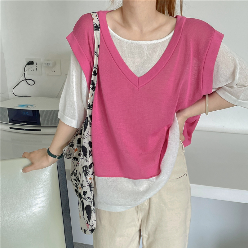 【2022夏INS 新作】合わせやすい シンプル カジュアル  アイスシルク偽2枚 Tシャツ