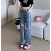 断言される 韓国ファッション リップドジーンズ ハイウエスト ドレープ ロングパンツ ストレートパンツ