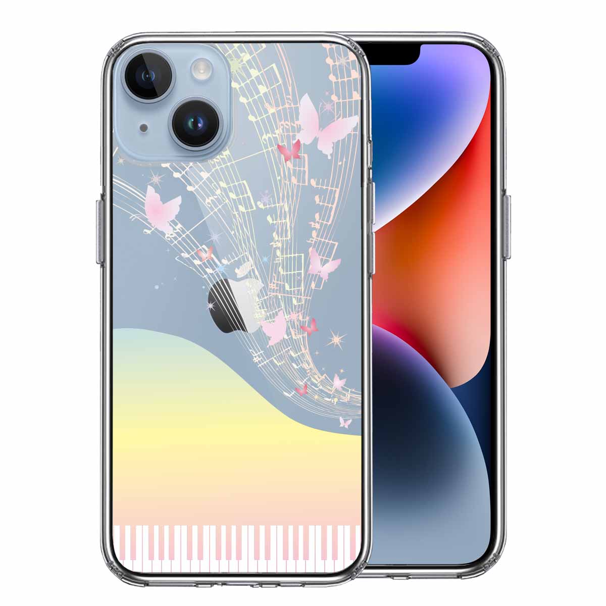 iPhone 14 Plus 側面ソフト 背面ハード ハイブリッド クリア ケース 虹色 ピアノ