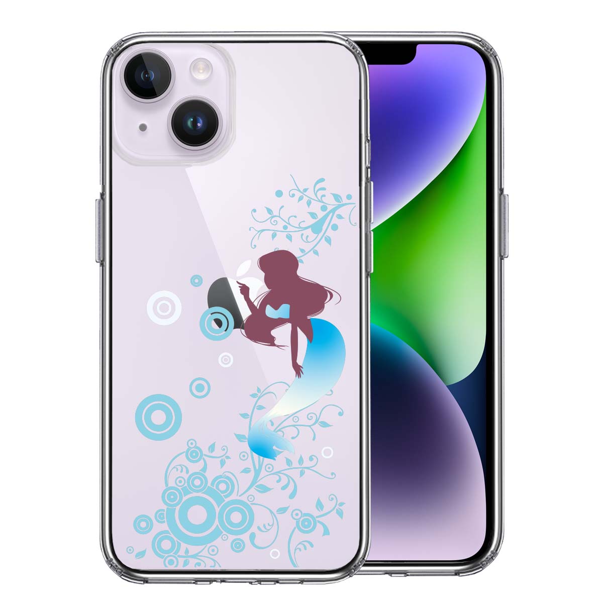 iPhone 14 Plus 側面ソフト 背面ハード ハイブリッド クリア ケース マーメイド 人魚姫 ブルー