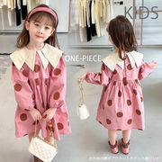 2023新作  韓国子供服 子供 キッズ 女の子 ワンピース 長袖 ドット 水玉 ピンク ビッグカラー 大きめ襟