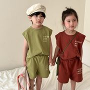 2024夏新作   韓国風子供服   キッズ服   袖なし  トップス+ショートパンツ    セットアップ    男女兼用