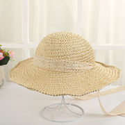夏の新作レースリボン編み麦わら帽子上品アウトドア旅行日焼け止めサンバイザー