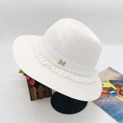 韓国レディースワイドつば付きシルクハット編み白レースパールグラス帽子観光写真麦わら帽子