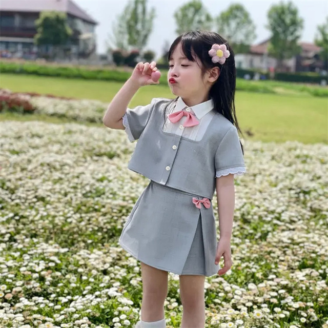 子供服   2点セット  学院風   可愛い 甘い 女の子   韓国ファッション 半袖トップス+ショートスカート