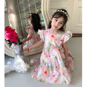 キッズワンピース　花柄ドレス　フリル　お上品　韓国風子供服　女の子夏物　90-140cm