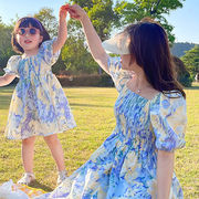 キッズワンピース　親子コーデ　花柄　バルーン袖　韓国風子供服　女の子夏物　