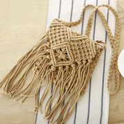 シンプルフリンジ斜め掛け草編みバッグ韓国版レトロなワンショルダー綿糸編みバッグ夏のビーチバッグ