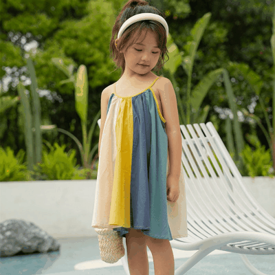 お勧め 春夏新作 韓国風 子供服 3-8歳ガール カラーブロック スリップドレス ワンピース 袖なしワンピ 7-15