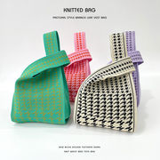 ハンドバッグ　ニットバッグ　デザイン　韓国ファッション　レディース　千鳥柄　6色