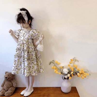 夏 韓国風子供服 ガール 花柄 ボタニカル パフスリープ シフトドレス ワンピース ワンピ 7-15