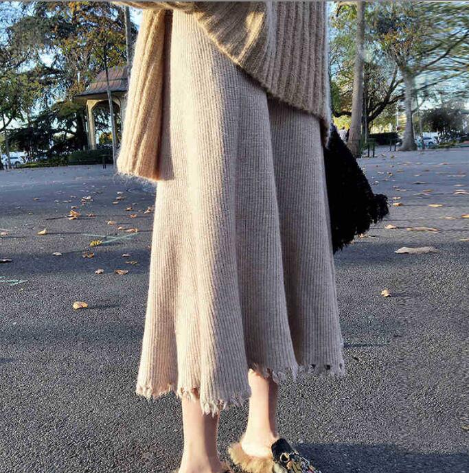 女性の秋と冬の新しい韓国のファッションハイウエストスカートニットウールスカート