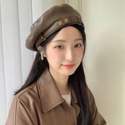 レディース帽子　PUベレー帽　韓国ファッション　秋冬　かわいい　金ボタン