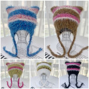 ニット帽子　リボン付き　レディース帽子　デザイン　韓国ファッション　秋冬　猫耳