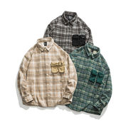 P15746 メンズ 長袖トップス チェック 2023秋新作 ワイシャツポケット レトロ