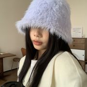 レディース帽子　シャギーバケットハット　無地　ニット帽子　韓国ファッション　秋冬